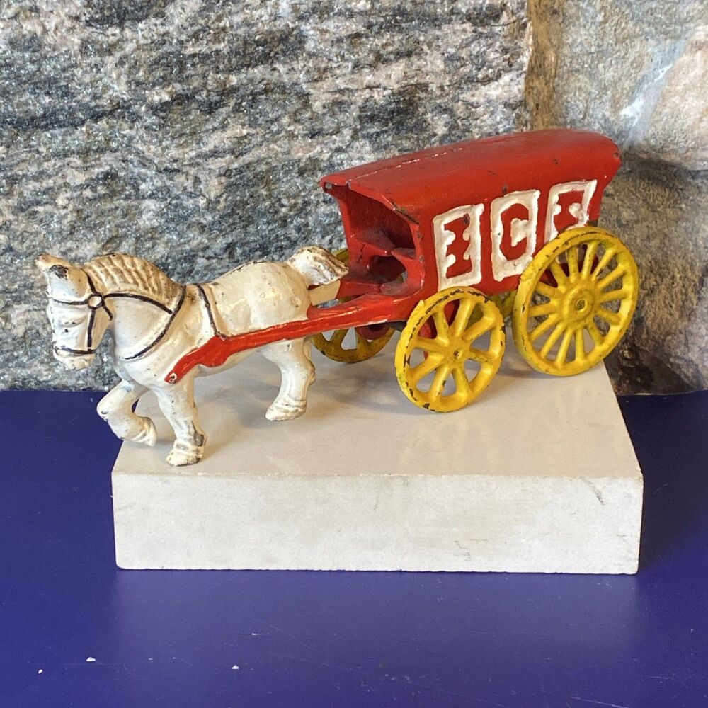 Vintage Painted 7" Cast Iron Horse Drawn ICE Delivery Wagon Cart Toy
